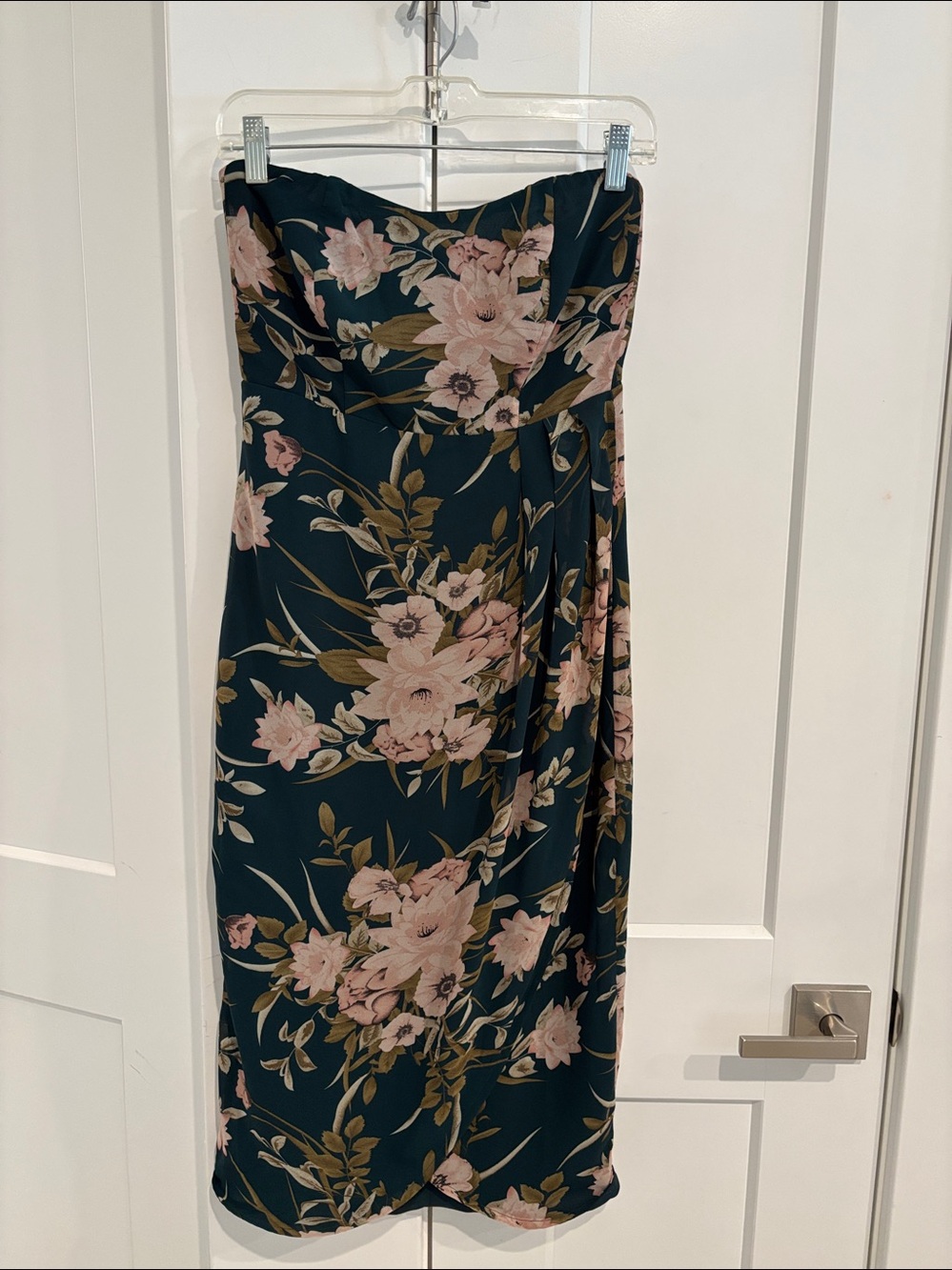 Green and Blush Floral Strapless Sweetheart Tulip Midi Dress. Size L - Picture 4 of 12